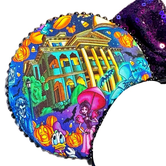 Women’s Handmade Disney Inspired Halloween Themed Purple Sequin Bow Mouse Ears - Picture 5 of 6